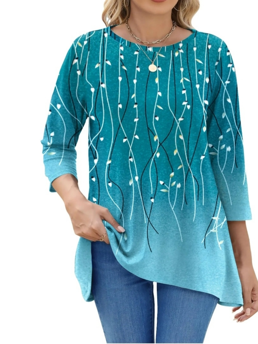 Teal Floral Vine 3/4-Sleeve Women's Top- Plus Sizes - Picture 2 of 7